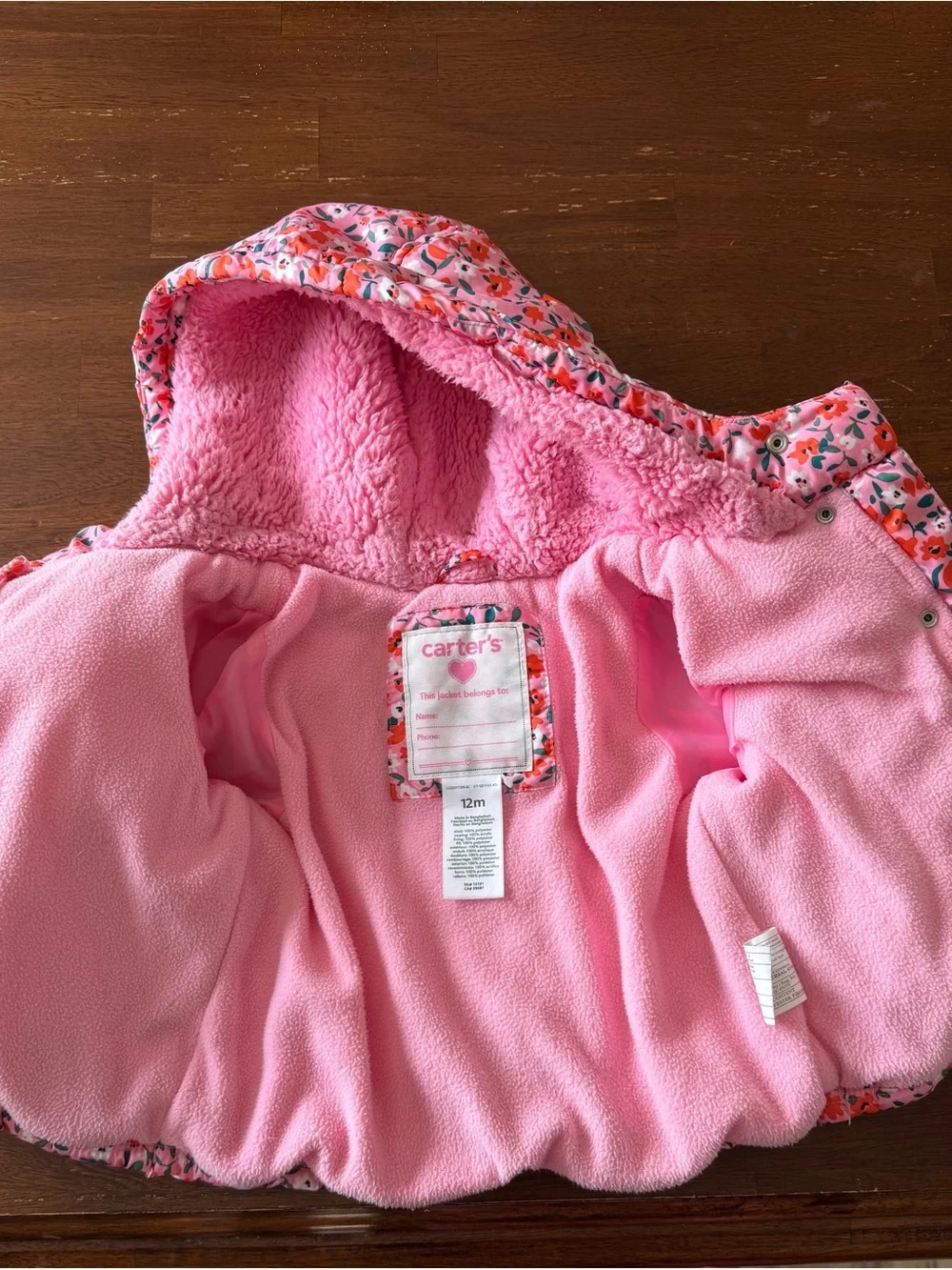 Baby Girl Pink Floral Puffer Jacket with Hood